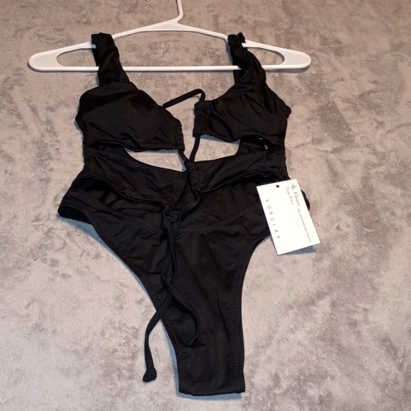 CHYRLL Popular Black One Piece ope front tie Thong Bikini - Picture 1 of 5